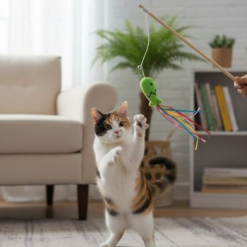 jouet chat canne a peche avec poisson vert