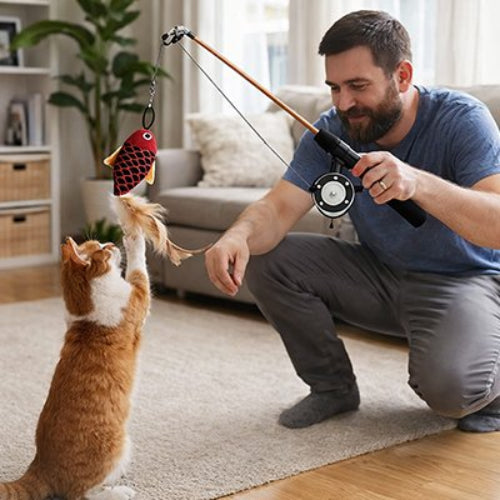 jouet chat canne a peche telescopique maitre chat debout