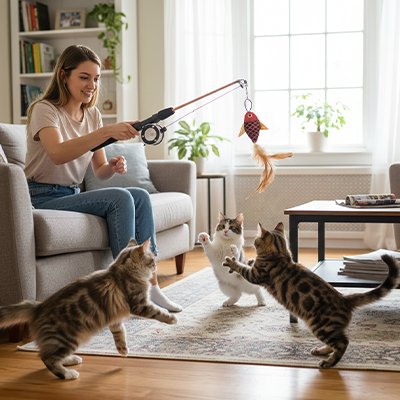 jouet chat canne a peche telescopique maitresse chats jouant