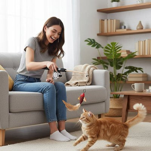 jouet chat canne a peche telescopique maitresse chat jouant