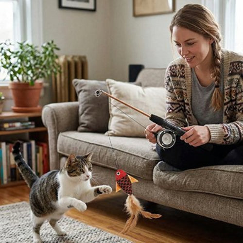 jouet chat canne a peche telescopique maitresse chat sautant