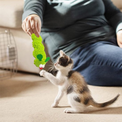 jouet chat chenille chaton assis avec maitresse
