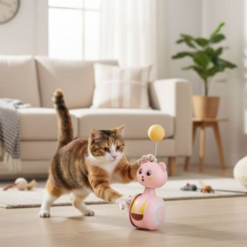jouet chat culbuto rose avec balle chat sautant salon