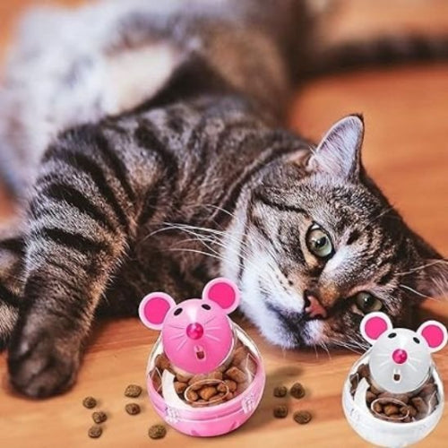 jouet chat distributeur ludique souris rose blanche chat allonge