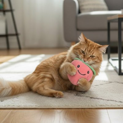jouet chat fruit ludique peche rose chat allonge salon