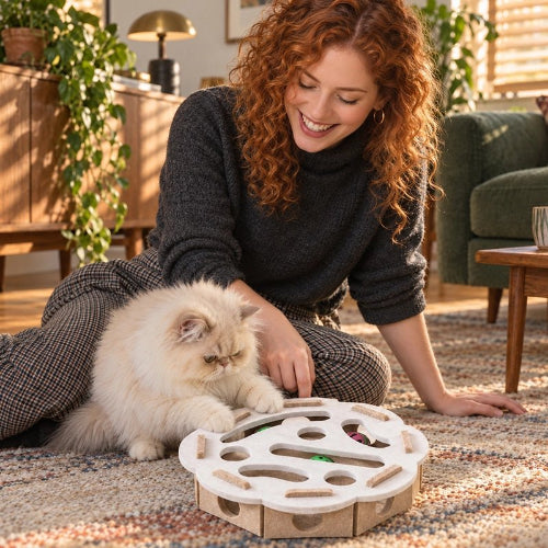 jouet chat interactif beige octogonal maitresse