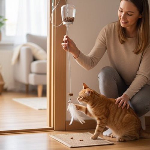 jouet chat interactif distributeur transparent avec plumes maitresse chat