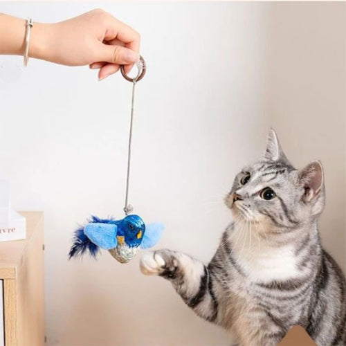 jouet chat interactif oiseaux realistes bleu chat jouant