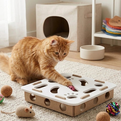 jouet chat interactif plateau beige chat jouant