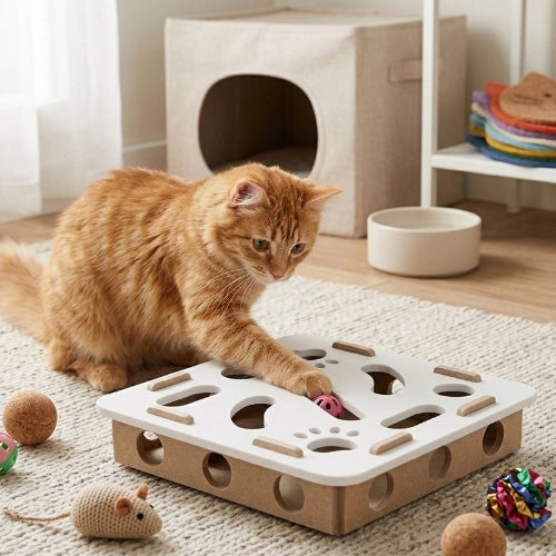 jouet chat interactif plateau beige chat jouant