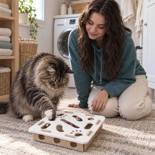 jouet chat interactif plateau beige maitresse avec chat