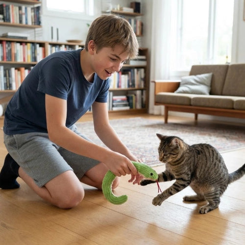 jouet chat interactif serpent enfant jouant avec chat