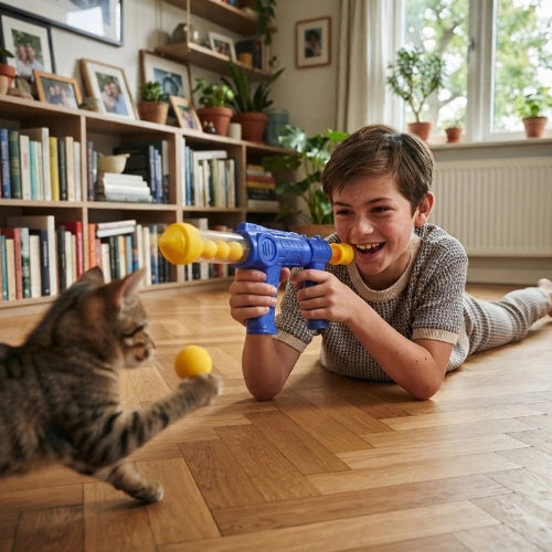 jouet chat lanceur de balles chat jouant avec enfant