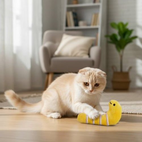 jouet chat peluche ludique jaune chat apaise salon