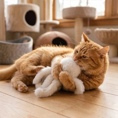 jouet chat poulpe en peluche blanche chat mordant