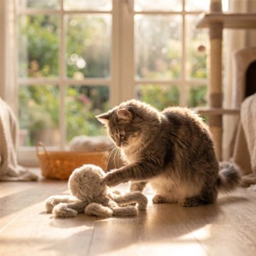 jouet chat poulpe en peluche grise chat jouant