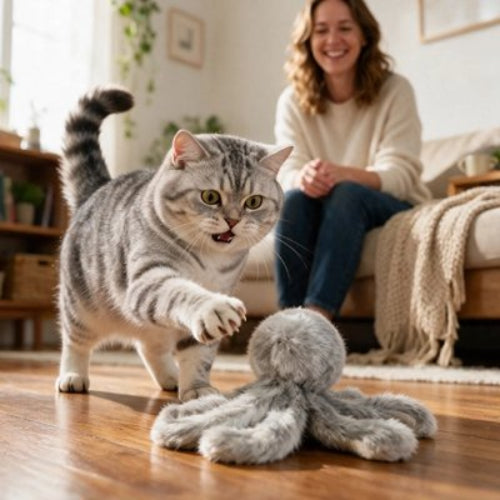 jouet chat poulpe en peluche grise maitresse chat jouant