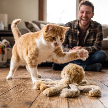 jouet chat poulpe en peluche marron maitre chat jouant