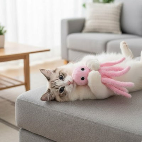 jouet chat poulpe rose chat allonge canape
