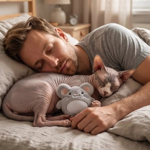jouet chat souris en peluche maitre avec chat dormant