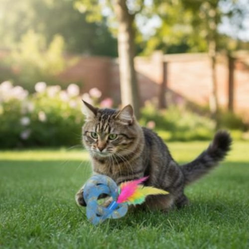 jouet pour chat anneaux a plumes bleu jardin