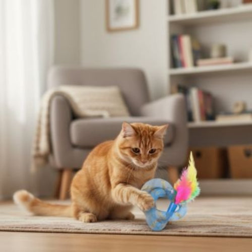jouet pour chat anneaux a plumes bleu salon