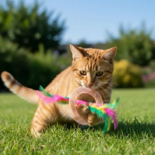 jouet pour chat anneaux a plumes rose chat jardin