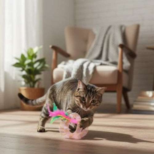 jouet pour chat anneaux a plumes rose salon