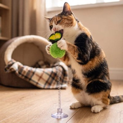 jouet pour chat balle a ressort verte chat mordant