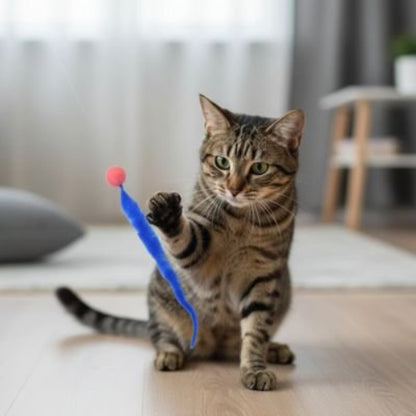 jouet pour chat balle rebondissante colore bleu avec chat
