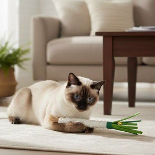 jouet pour chat batonnet de celeri avec chat allonge