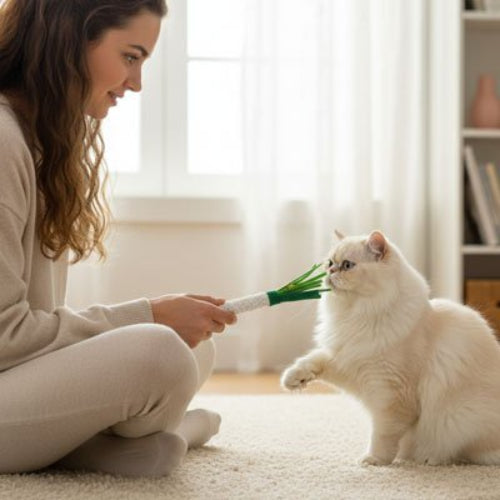 jouet pour chat batonnet de celeri maitresse avec chat