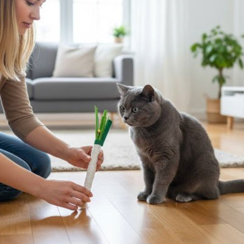 jouet pour chat batonnet de celeri maitresse chat assis