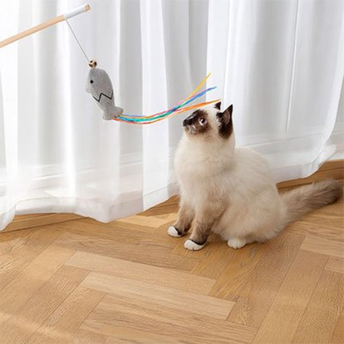 jouet pour chat canne a peche chat poisson gris