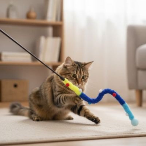 jouet pour chat canne a peche chenille bleu