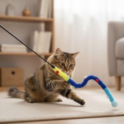 jouet pour chat canne a peche chenille bleu