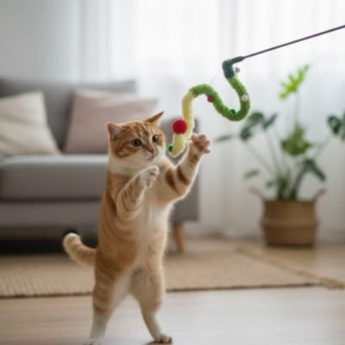 jouet pour chat canne a peche chenille vert
