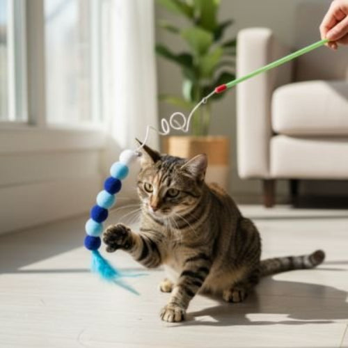 jouet pour chat canne a peche pompons bleu chat