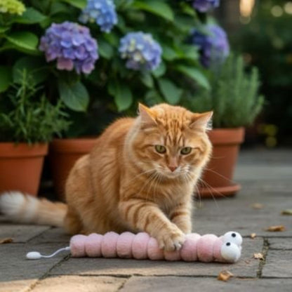 jouet pour chat chenille rose avec chat