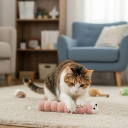 jouet pour chat chenille rose chat jouant