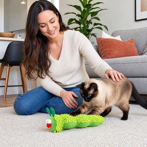 jouet pour chat chenille verte maitresse chat jouant
