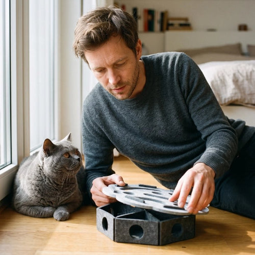 jouet pour chat labyrinthe octogonal gris maitre chat allonge