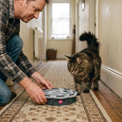 jouet pour chat labyrinthe octogonal gris maitre chat debout