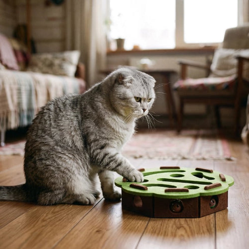 jouet pour chat labyrinthe octogonal vert avec chat