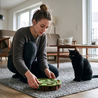 jouet pour chat labyrinthe octogonal vert maitresse avec chat