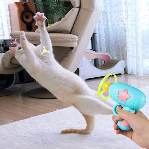 jouet pour chat lanceur mini frisbee bleu chat sautant
