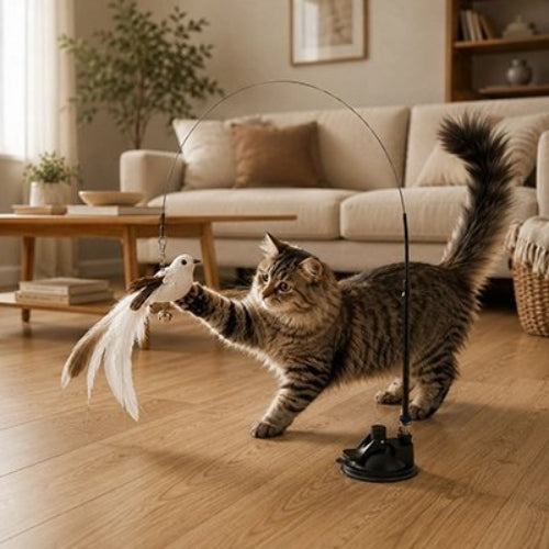 jouet pour chat oiseau blanc chat jouant salon