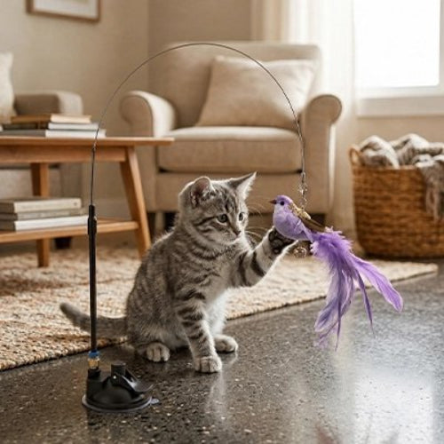 jouet pour chat oiseau violet chat assis salon