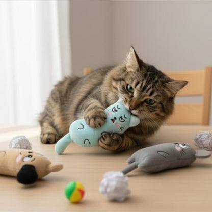 jouet pour chat peluche grise bleu marron chat mordant