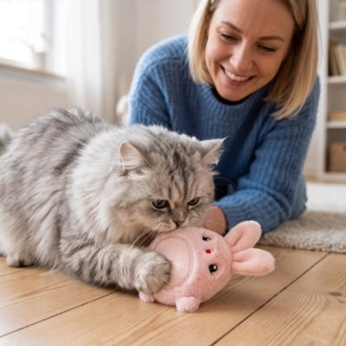 jouet pour chat peluche interactive lapin maitresse avec chat